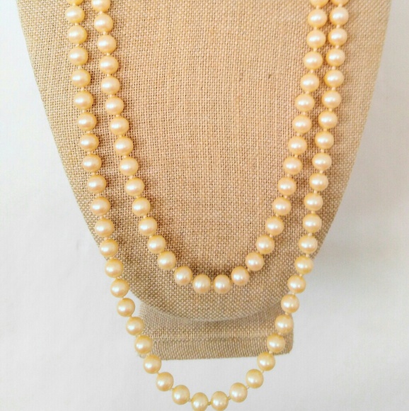 SALE X LONG Vintage Glass Champagne Pearl Necklace - Picture 2 of 7